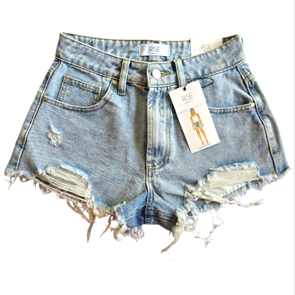 Rise Light Wash‎ Blue Distressed Denim Festival Shorts Size 5